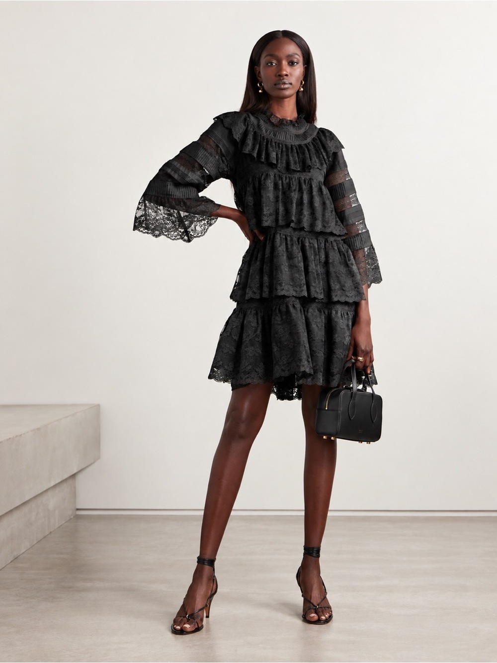 Doen Oralie Tiered Mini Dress Black Size XS New